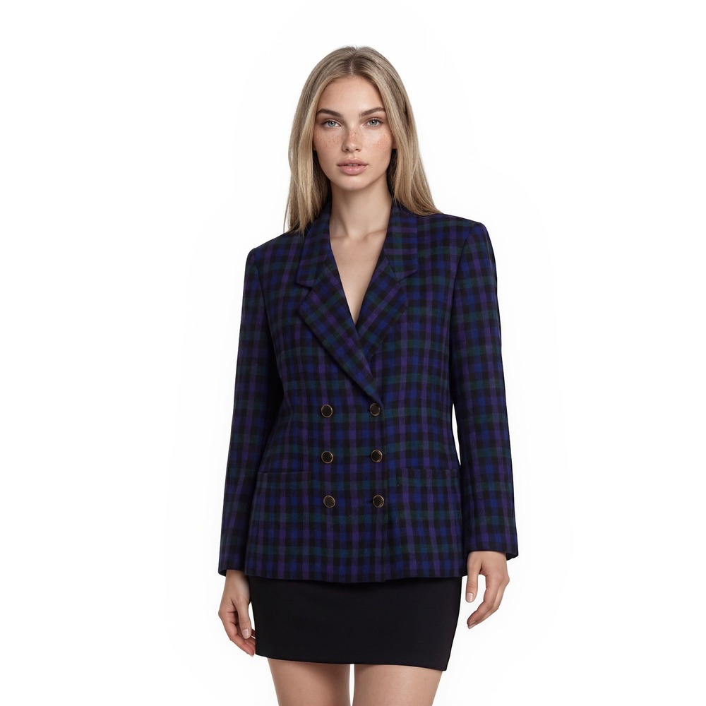 Pappagallo Blazer Women's Size 14 Purple Blue Plaid Double Breasted Vintage